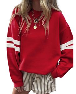 Sudadera Roja Extra Grande para Mujer con Cuello Redondo y Mangas con Rayas Blancas, Color Sólido, Tejida, Manga Larga, Ropa Casual de Otoño - Product Image 1