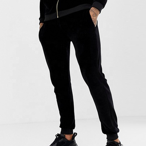 Men's <b>Black</b> Velour Hooded Tracksuit Full Zip Casual Joggers Solid Color Breathable Polyester Autumn Wear - Product Image 3