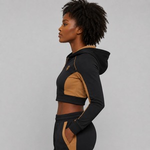 Women's Winter Solid Color <b>Long</b> <b>Sleeve</b> <b>Crop</b> Top Hoodie Front Zipper Breathable Eco-Friendly Canvas Fabric Custom Printed - Product Image 2