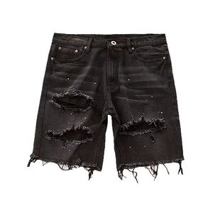Pantalones Cortos de Mezclilla Negros para Hombre, Estilo Destroyed, con Agujeros, Dobladillo Deshilachado, Casuales, para Verano, Estilo Urbano - Product Image 4
