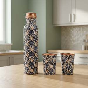 Ensemble de bouteille et de tasse en cuivre, motif oriental bleu et blanc, vaisselle portable pour l'extérieur - Product Image 3