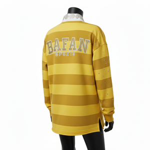 Camiseta de Rugby Extra Grande para Mujer, de Algodón Grueso GSM, con Paneles a Rayas Color Mostaza, Cuello en Contraste, Logotipo de Chenille, Personalizada - Product Image 5