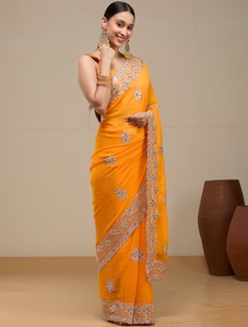 Sari KV Bright Festive Orange Pure Georgette Divyam con Blusa Sin Coser - Product Image 2