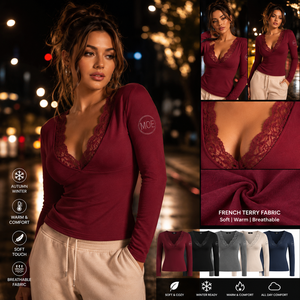 Women's French Terry Lace Trim V Neck Sweatshirt Burgundy Slim Fit Long Sleeve Casual Hoodies Wholesale Private <b>Label</b> - Product Image 4