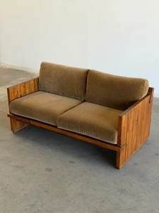 Midcentury Modern Two Seat Wood Sofa With Brown Cushions Outdoor Garden Furniture - Product Image 1
