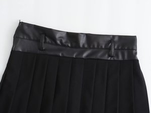 Women's Black Pleated Mini <b>Skirt</b> Faux Leather Waistband Regular Fit All Seasons Solid Design - Product Image 3