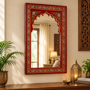 <b>Large</b> Decorative Islamic Rectangular Wooden <b>Wall</b> Mirror Arabic Style Red Floral Paisley Living Room Home <b>Decor</b> - Product Image 1