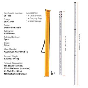 Bastone Telescopico in Lega di Alluminio da 9 Piedi/8 Sezioni, Strumento di Misurazione dell'Altezza a Doppia Scala 1/8 Pollici - Product Image 5