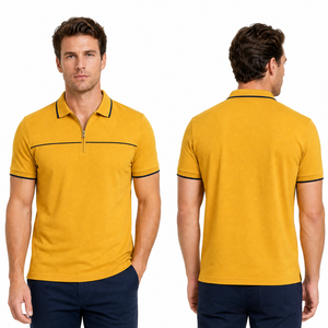 Hot selling Men's Mustard <b>Yellow</b> Short Sleeve Knitted <b>Polo</b> <b>Shirt</b> With Zipper And Black Trim Casual Style - Product Image 4