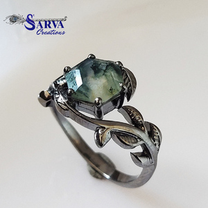 Anillo Hexagonal de Ágata Musgosa Natural, Plata de Ley 925, Anillo de Compromiso con Hoja de Vid, Anillo con Gema de Ágata Musgosa, Joyería Fina para Mujer - Product Image 2