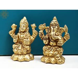 Sculpture en laiton de 2 pouces faite à la main du seigneur Ganesha et de la déesse Lakshmi avec petite sculpture élégante fabriquée en Inde - Product Image 2