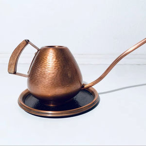 Arrosoir en cuivre à long bec avec poignée en bois et plateau pour plantes d'intérieur, usage décoratif pour balcon, fabriqué à la main en Inde - Product Image 1