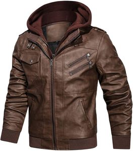 Men Brown PU Leather Moto <b>Biker</b> <b>Jacket</b> Hooded Zipper Front Solid Color Autumn Slim Fit Regular Sleeve - Product Image 2