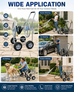Enrouleur de tuyau d'arrosage métallique robuste de 150 pieds avec chariot et 4 roues en caoutchouc massif pour l'arrosage, le lavage de voitures et le bain des animaux ODGGAD020 - Product Image 5