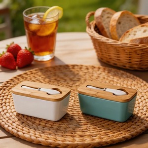 Modern Style Butter Dish With Wooden Lid Ceramic Handle Knife Elegant Butter <b>Storage</b> <b>Box</b> For Kitchen Dining Use From India - Product Image 1