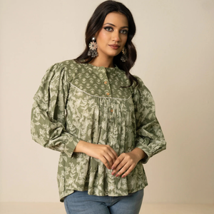 Haut boutonné en coton imprimé à la main style bohème pour femmes |   Tunique à manches longues de style ethnique décontracté pour les acheteurs en gros, qualité d'exportation - Product Image 1