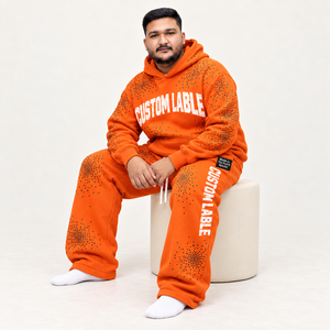 Conjunto de Chándal Personalizable con Sudadera con Capucha de Pedrería y Pantalones de Pierna Ancha, Unisex, de Forro Polar Grueso, Ropa al por Mayor - Product Image 1