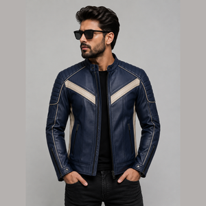 Blouson moto homme en cuir PU bleu, col montant, fermeture éclair, design color block, coupe slim, coupe-vent, style automne - Product Image 1