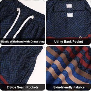 Shorts de Baño para Hombre con Estampado de Tortuga, Poliéster/Algodón Elástico, Secado Rápido, Cintura con Cordón Ajustable, Azul con Rayas Rojas y Grises - Product Image 5