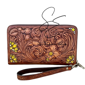 Beautiful Handcrafted Genuine Tooled Leather Zipper Wallet Western Cowgirl Accessory Women <b>Wristlet</b> with Card Slots & Cash/Bill - Product Image 4