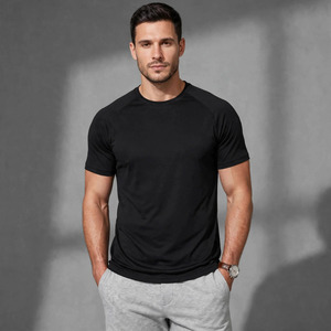 T-shirt pour homme à manches courtes, col en V, couleur unie vert foncé, coupe classique, respirant, léger, en spandex/polyester, teinture unie, été - Product Image 1