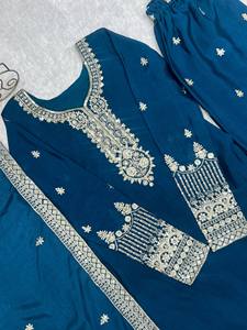 Conjunto de Top y Pantalones Palazzo de Seda Chinon con Bordado y Adornos Jari para Mujer, Estilo Fiesta, Boda, Diwali, con Dupatta, para Todas las Temporadas - Product Image 6