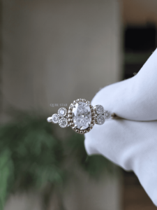 Oval Lab Grown Diamond Halo Floral Ring 0.85 Ct Gold Milgrain <b>Cluster</b> Engagement Anniversary Fine Jewelry for Women - Product Image 2