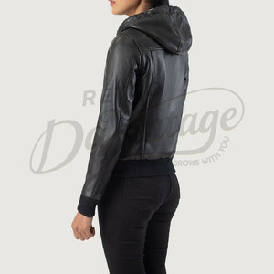 Premium Women Black Real Leather Hooded <b>Jacket</b> Slim Fit Soft <b>Sheepskin</b> Bomber <b>Jacket</b> With Drawstring Hood Casual Outerwear - Product Image 4