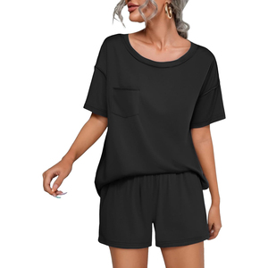 Women's Black 2-Piece <b>Knitted</b> <b>Set</b> Short Sleeve O-Neck Top With Pocket Loose Fit Shorts Casual Breathable Spring Summer Wear - Product Image 1
