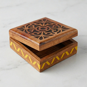 Handmade Floral Carved Wooden Box with Decorative Lid, Artisan Keepsake Storage Box for Jewelry, Trinkets, <b>Coffee</b> <b>Table</b> Styling - Product Image 1