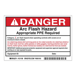 Étiquettes de danger d'arc électrique Brady, adhésif mat durable, avertissement pour les zones de CAT 1 des équipements de protection individuelle (ÉPI) électriques - Product Image 2
