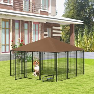 Recinto per cani da esterno 6.9FT X 6.9FT X 5FT con tettoia, colore caffè, box da giardino, gabbia con ciotola rotante, sicuro per animali domestici giganti - Product Image 2