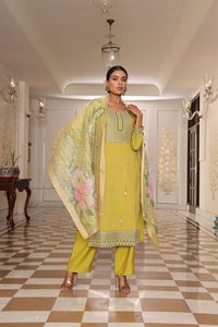 Elegante Conjunto de Kurti Amarillo Claro para Mujer, Manga 3/4, Algodón y Seda, Completamente Cosido, para Ocasiones Formales y Festivas - Product Image 5