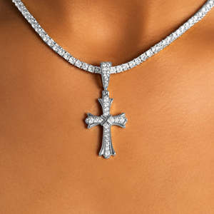 <b>Iced</b> <b>Out</b> Cross Pendant Necklace With Tennis <b>Chain</b> Plated 925 Silver Diamond Pave Setting Religious Christian Jewelry - Product Image 3