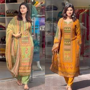 Heavy Faux Georgette Digital Print <b>Kurti</b> and Butter Silk Bottom Set Fancy Hand Work Ethnic Party Wear Full Stitched Outfit - Product Image 2