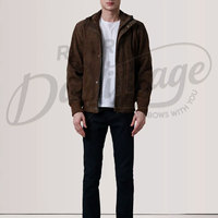 Chaqueta de gamuza marrón oscuro para hombre, con cierre de cremallera, cuello alto, estilo bomber, corte ajustado, de gamuza de cabra premium, tipo Harrington.