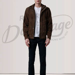 Chaqueta de gamuza marrón oscuro para hombre, con cierre de cremallera, cuello alto, estilo bomber, corte ajustado, de gamuza de cabra premium, tipo Harrington. - Product Image 5