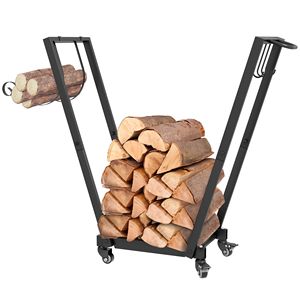 Black Metal Firewood Rack with Wheels 31.1\" X 11.8\" X 31.9\" Indoor/Outdoor <b>Log</b> <b>Holder</b> with Kindling Tool Hooks Women's Coats - Product Image 1
