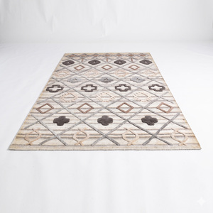 Tapis géométrique en laine beige-gris à motifs tribaux abstraits, à poils brossés, écologique, antidérapant, tufté à la main, épais - Product Image 2