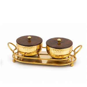 Ensemble de bols de service en or martelé de luxe avec couvercle et plateau en bois, plat décoratif en métal pour dattes arabes du Ramadan, fruits secs et noix - Product Image 1