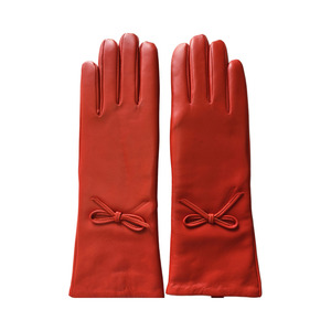 Red Leather <b>Gloves</b> With Bow Detail Wrist Length Sweet Style For Winter Casual Wear - Product Image 6