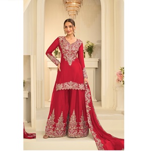 Premium <b>Women</b> Suit Palazzo Dupatta Set Traditional Real Chinon <b>Kurta</b> Set Special Occasion Wedding Bulk India Export Quick Dry - Product Image 1