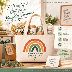 กระเป๋าผ้าแคนวาส Good Energy Everyday ขนาด 18x12x6 นิ้ว กระเป๋าช้อปปิ้งขนาดใหญ่พิมพ์ลายสายรุ้ง - Product Image 4