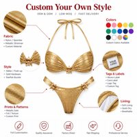 ODM OEM Bikini Halter Bandeau Wanita Model Brasil 2-Piece Semua Warna Berpayet Kristal Rhinestone Bordir Logo Depan