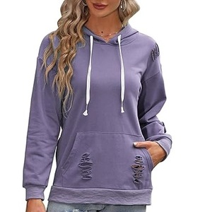 Distress Plus Size <b>Thick</b> <b>Fleece</b> Sweatshirts Purple Color Washed Vintage Breathable Hoodies For Girls Knitted Drawstring Distress - Product Image 3