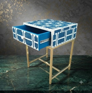 Handicraft Royal <b>Blue</b> Bone Inlay Antique Imitation 1 Drawer Side <b>Table</b> Rectangle <b>Bedside</b> Cabinet Metal Legs Home Wedding Decor - Product Image 5