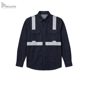 Chemise de travail de sécurité en denim foncé personnalisée OEM, 100% coton, avec deux poches à rabat sur la poitrine, coutures argentées, bande réfléchissante - Product Image 1