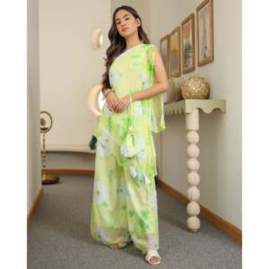 Ensemble Kurta Bohème Vannes à une épaule en vert, taille XS, en tissu mousseline - Product Image 3