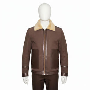 Veste en cuir pour homme, logo personnalisé, col rabattu, véritable daim de mouton, fermeture éclair, style streetwear. - Product Image 5