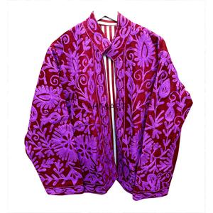 Veste élégante en velours côtelé rouge avec broderie florale violette, col et manches longues, vêtements d'extérieur pour femmes, automne - Product Image 1